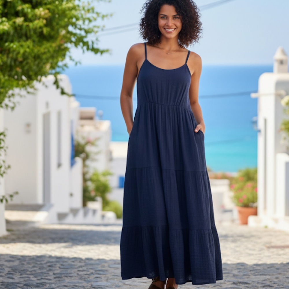 Xirena Ali Dress Cotton Gauze Blue Navy Cami Tiered Dress with Pockets Small